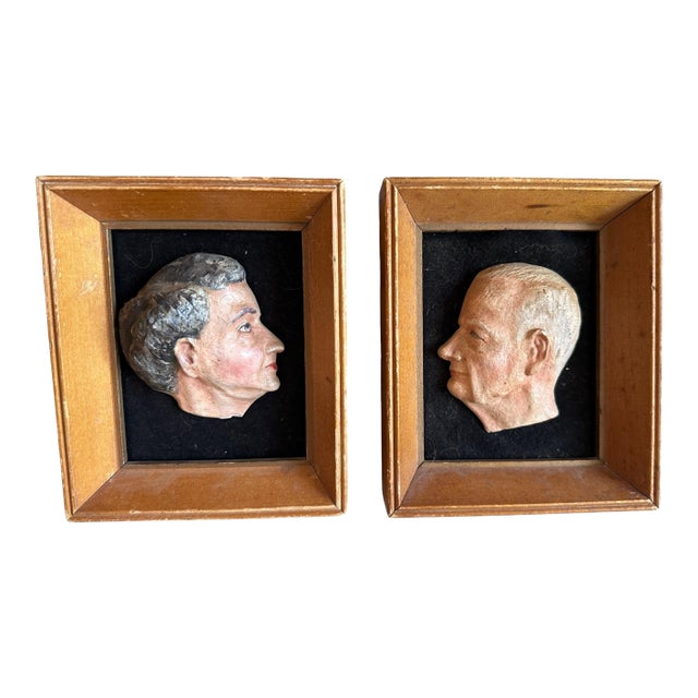 Vintage Hand-Made Hand Painted Profile Portrait Reliefs in Shadow Box Frames – Pair Sculptures For Sale