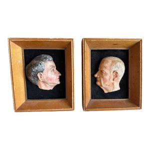 Vintage Hand-Made Hand Painted Profile Portrait Reliefs in Shadow Box Frames – Pair Sculptures