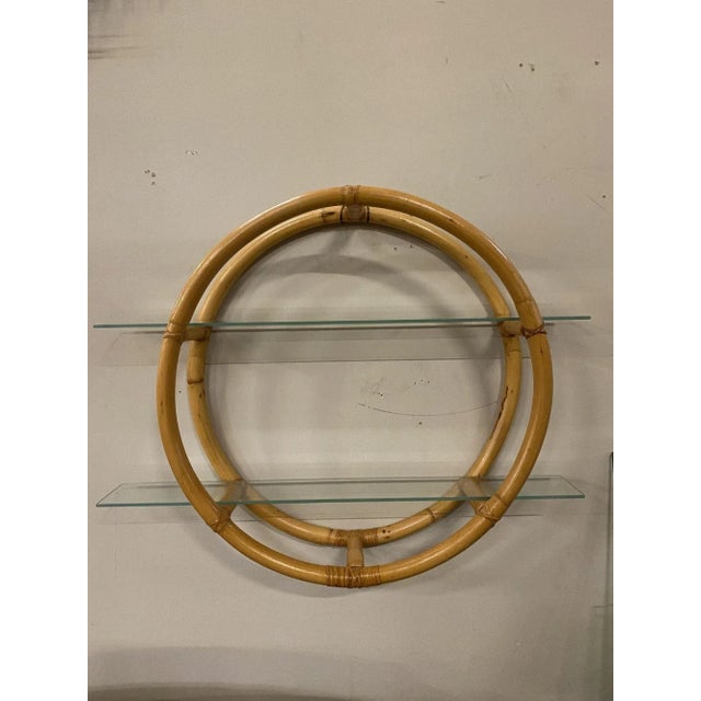 Restored Circular Rattan Wall "Skeleton" Shelf W/ Glass Tiers For Sale - Image 4 of 9