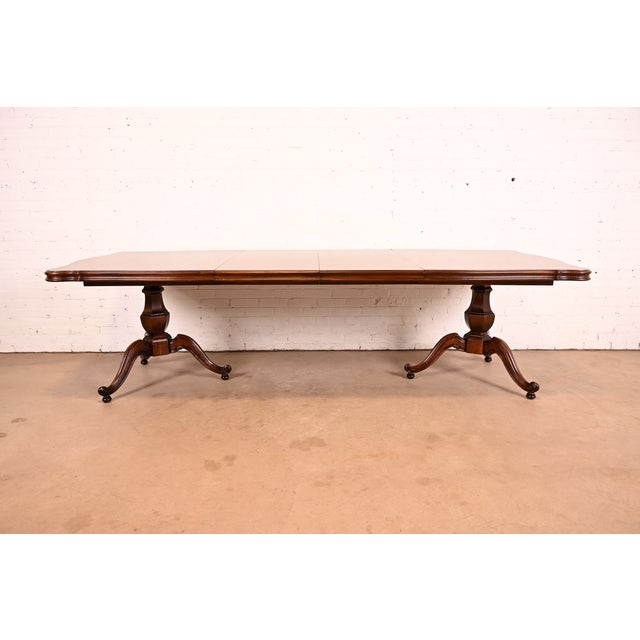 French Baker Furniture Style French Regency Walnut and Burl Wood Double Pedestal Extension Dining Table, Newly Refinished For Sale - Image 3 of 14