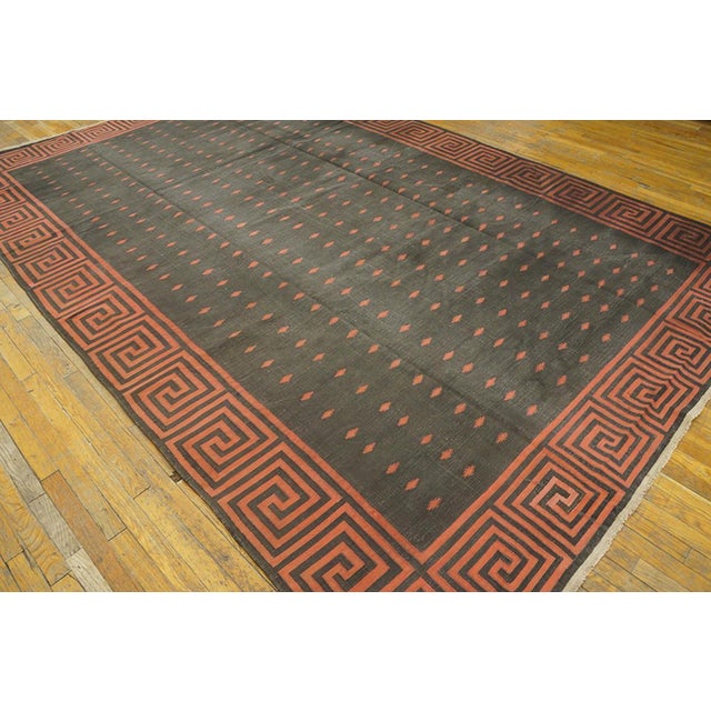 Indian 1920s Black Geometric Antique Indian Cotton Dhurrie Rug 8'3" X 12'9" Flatweave Carpet For Sale - Image 3 of 9