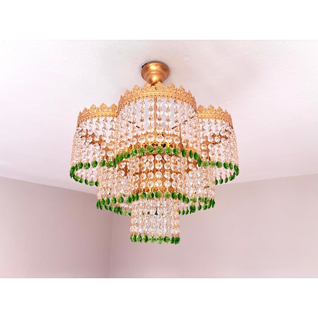 Vintage Crystal Tiered Flush Mount Chandelier With Green Crystal Accents - Restored For Sale - Image 11 of 18