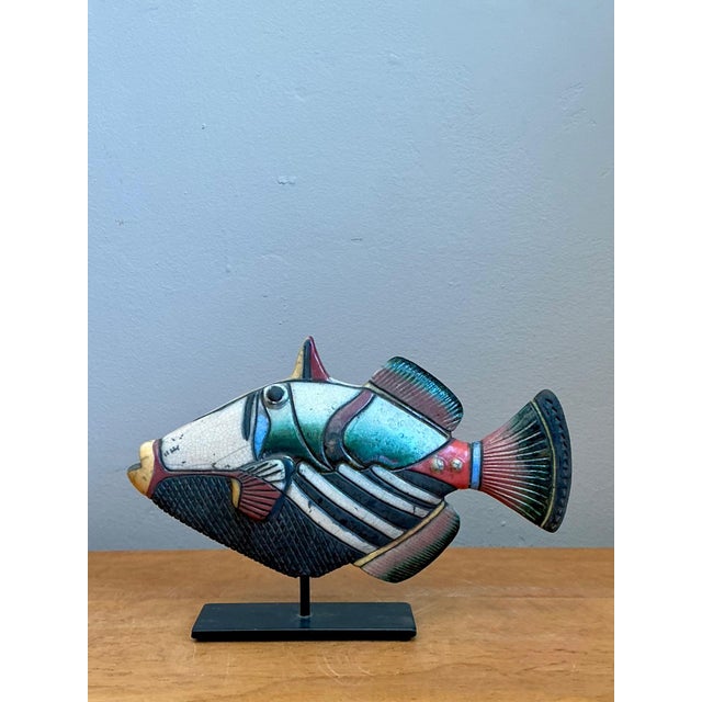 Mid-Century Modern Vintage Hand Painted Ceramic Fish Sculpture on Stand For Sale - Image 3 of 14