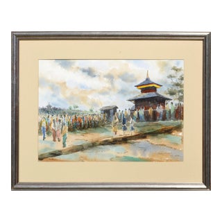 Figurative Landscape -- Visiting the Temple by Alok Gurung For Sale