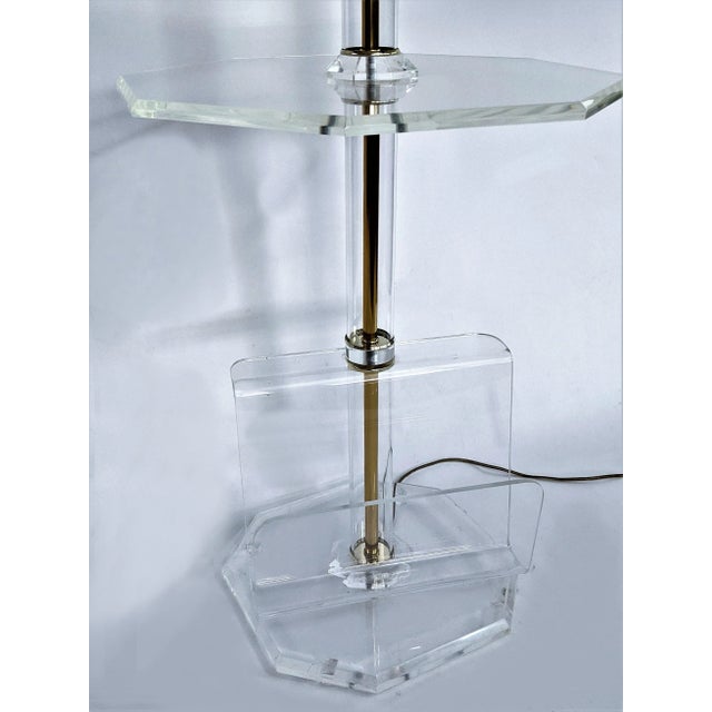Lucite Brass Floor Lamp With Table and Magazine Holder For Sale - Image 4 of 13