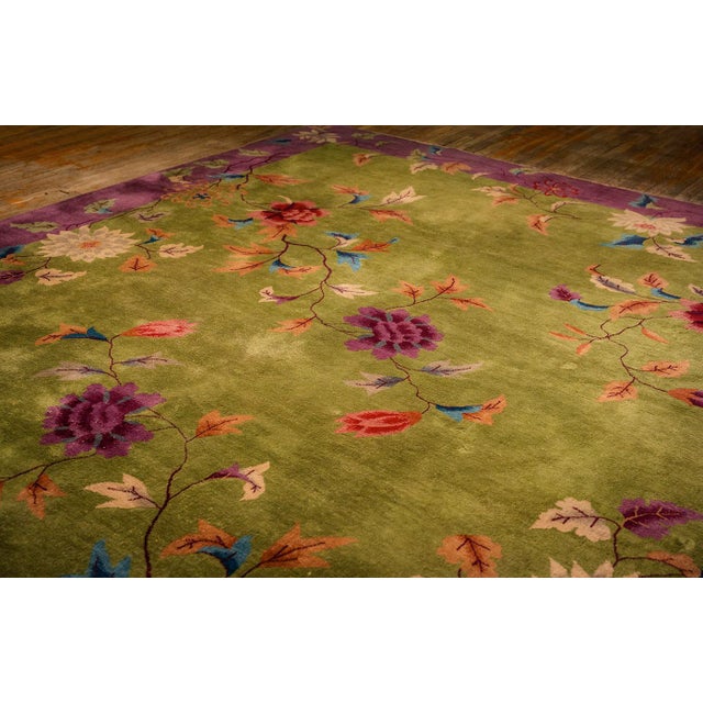 1920s 1920s Green Field Floral & Purple Border Knotted Wool Antique Chinese Art Deco Rug For Sale - Image 5 of 9