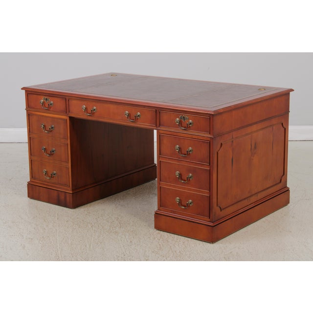 English Reprodux Bevan Funnel Leather Top Yew Wood Desk For Sale - Image 3 of 18