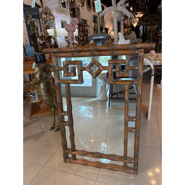 Vintage Palm Beach Coastal Faux Bamboo Pagoda Greek Key Wall Mirror For Sale - Image 9 of 10