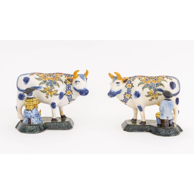 19th Century Dutch Delft Cow and Milkmaid Figurines, Pair For Sale - Image 5 of 11