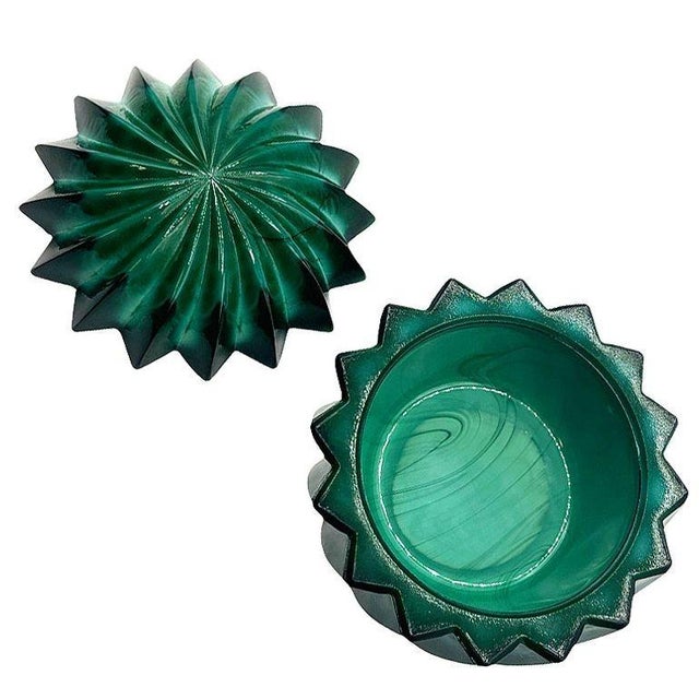 Glass 1920s Czech Art Deco Green Malachite Marbled Art Glass Trinket Box For Sale - Image 7 of 7