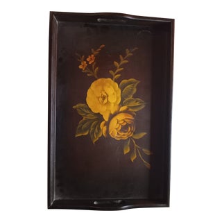 1970s Handpainted Floral Wood Serving Tray For Sale