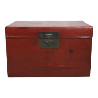 Red 31" Inch Long Antique Red Leather Accent Trunk Table For Sale
