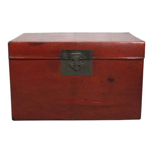 Red 31" Inch Long Antique Red Leather Accent Trunk Table For Sale