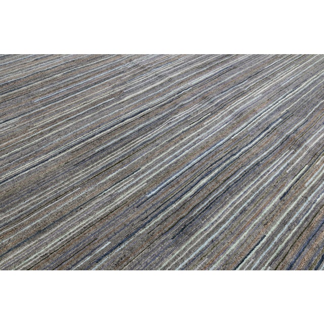 Modern Hand-Knotted Indian Wool Area Rug – Earth Tone Linear Stripe Design 12x15 For Sale - Image 11 of 11