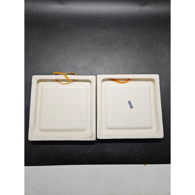 Set of Two, Vintage Hand-Painted Ceramic or Porcelain Wall-Hanging Tiles For Sale - Image 4 of 4