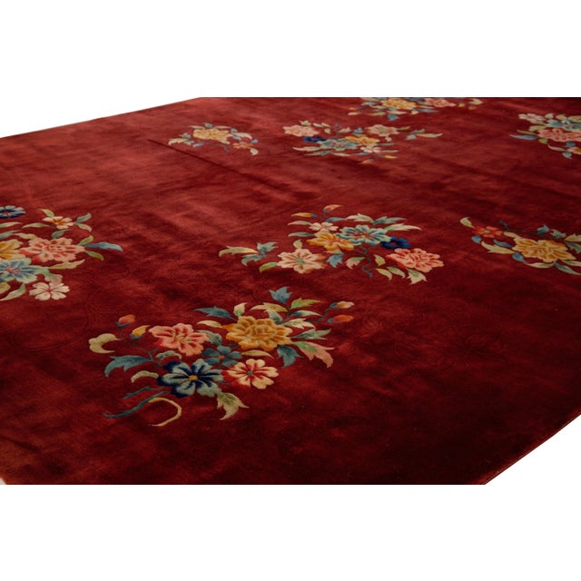 1920s Antique Art Deco Chinese Handmade Red Wool Rug For Sale - Image 5 of 10