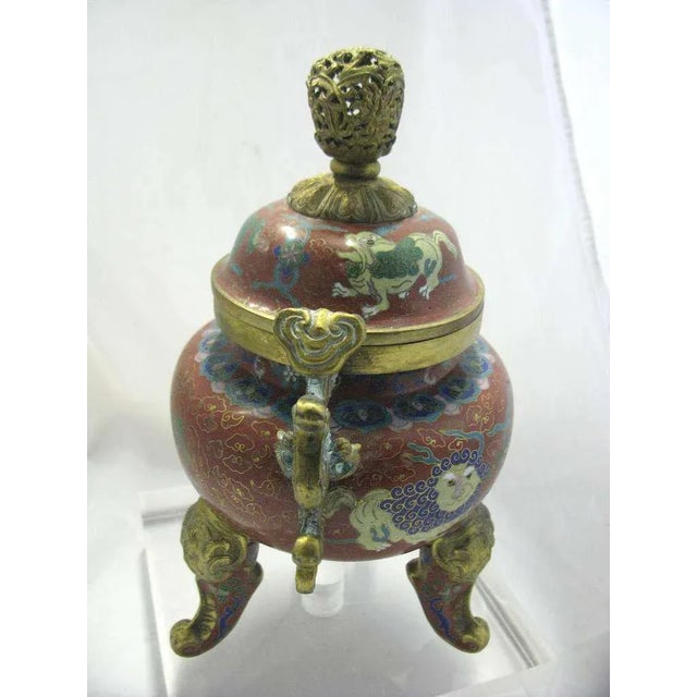 Early 20th Century Republic Period Chinese Cloisonne Gilt Tripod Lidded Censer For Sale - Image 5 of 11