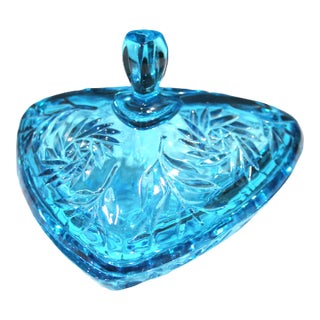 1960s Hazel-Atlas Capri Blue Glass Covered Candy Dish For Sale