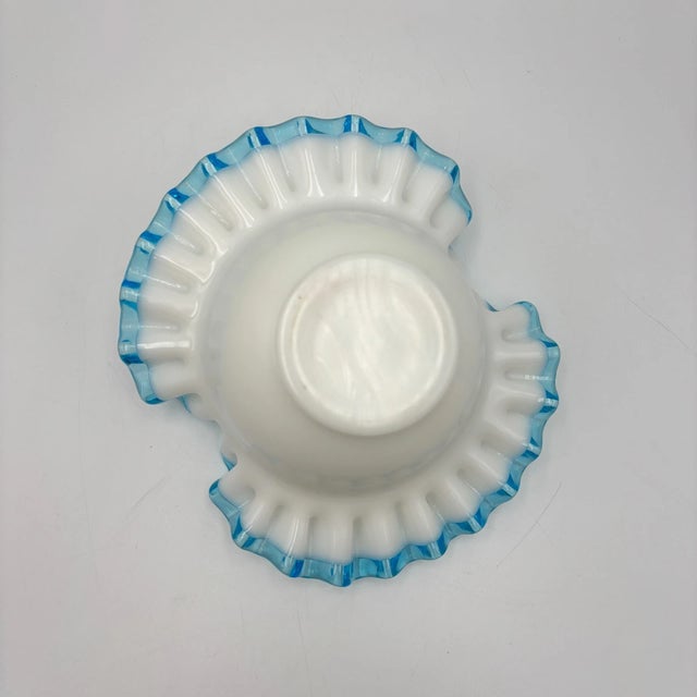 Fenton Art Glass Company Vintage Fenton Milkglass Aqua Crest Crimped Round Bowl For Sale - Image 4 of 6