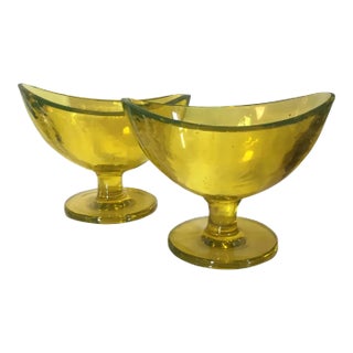 Early 20th Century Yellow Glass Navette Shape Footed Compotes - A Pair For Sale