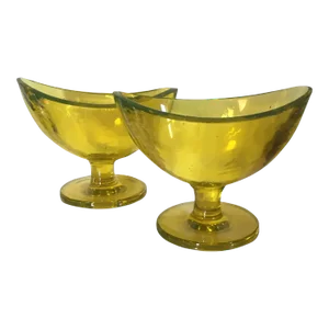 Early 20th Century Yellow Glass Navette Shape Footed Compotes - A Pair