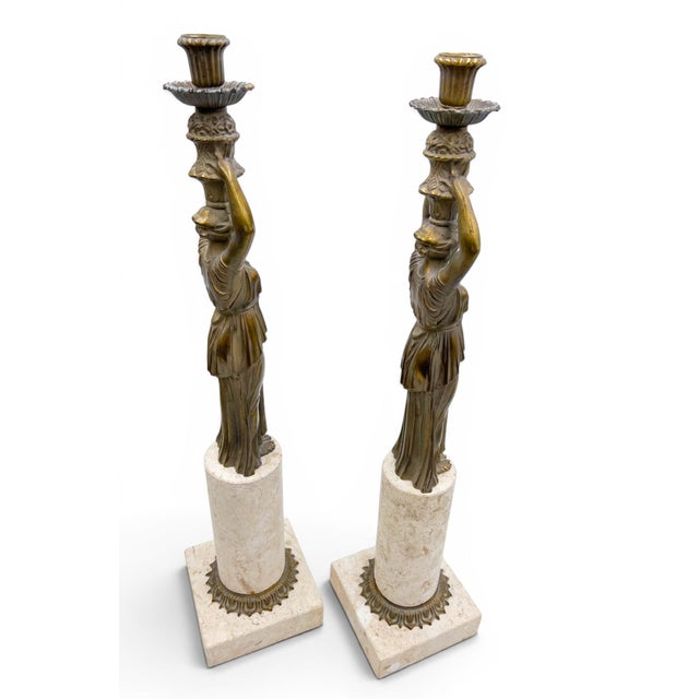 Mid 20th Century Mid 20th Century Pair of 24-Inch Neoclassical Bronze Caryatid and Limestone Candlesticks For Sale - Image 5 of 12