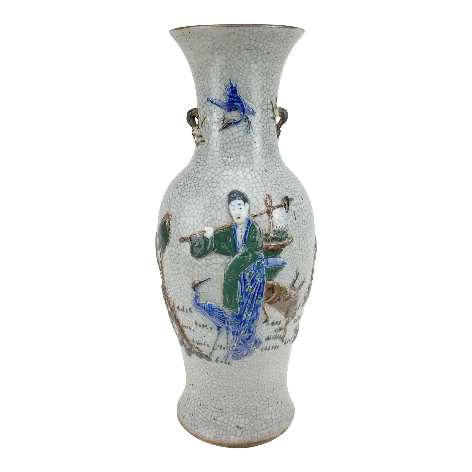 Vintage Ching White Crackle Vase With Man and Crane Motif | Chairish