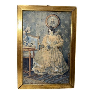Antique 1917 Victorian Original Lady Woman With Flowers Watercolor Painting Art For Sale