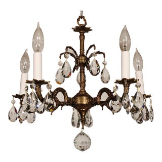 Vintage Petite French Brass 5 Lite Darlingest Bonny Cut Lead Crystal Chandelier For Sale