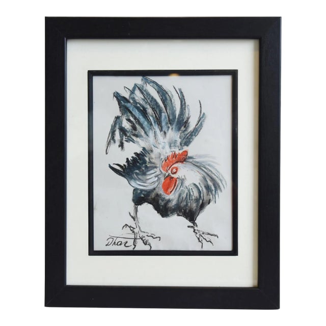 Rooster Hen Chicken Abstract Pastel Drawing Artwork Displayed in a Black Wood Frame Under Plexiglass For Sale