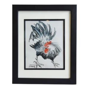 Rooster Hen Chicken Abstract Pastel Drawing Artwork Displayed in a Black Wood Frame Under Plexiglass