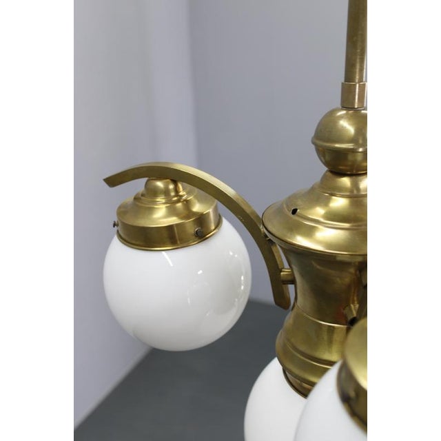 1930s Czechoslovak Art Deco Brass Chandelier with Four Opaline Glass Globes For Sale - Image 6 of 14