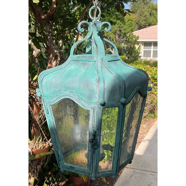 Exquisite Vintage Verdigris Hand -Forge Iron Hanging Lantern For Sale - Image 17 of 18
