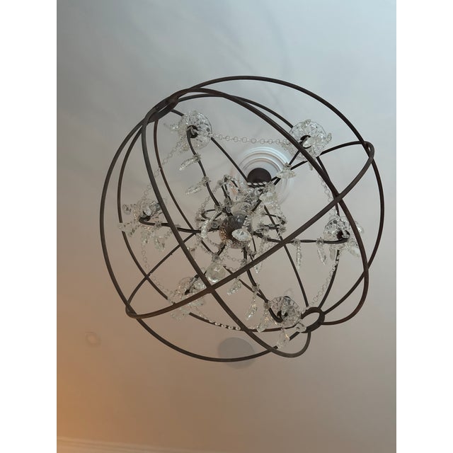 Hollywood Regency Restoration Hardware 32” Foucault's Orb Iron & Crystal Chandelier For Sale - Image 3 of 6