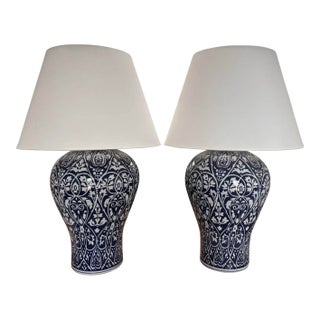Contemporary Blue and White Ikat Pattern Ralph Lauren Over-Sized Jar Lamps With White Linen Shades, a Pair For Sale