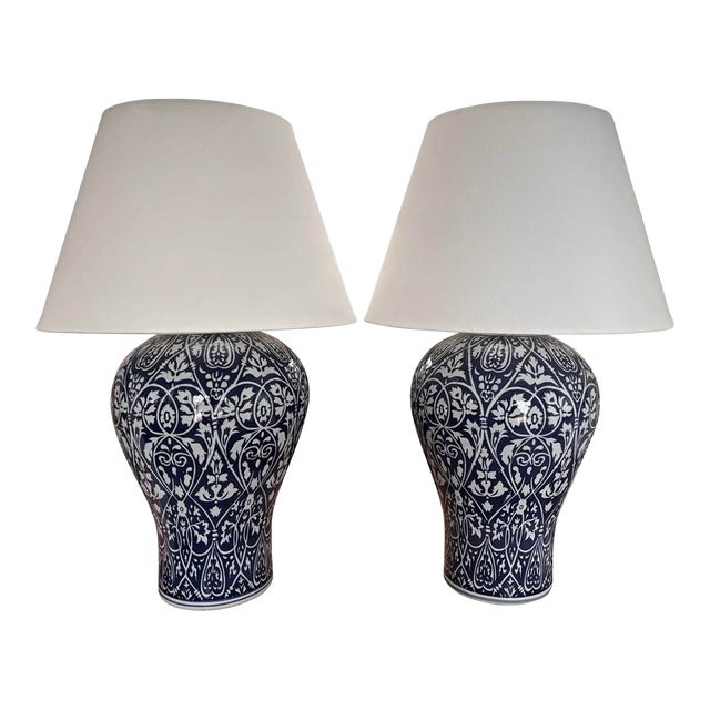Contemporary Blue and White Ikat Pattern Ralph Lauren Over-Sized Jar Lamps With White Linen Shades, a Pair For Sale