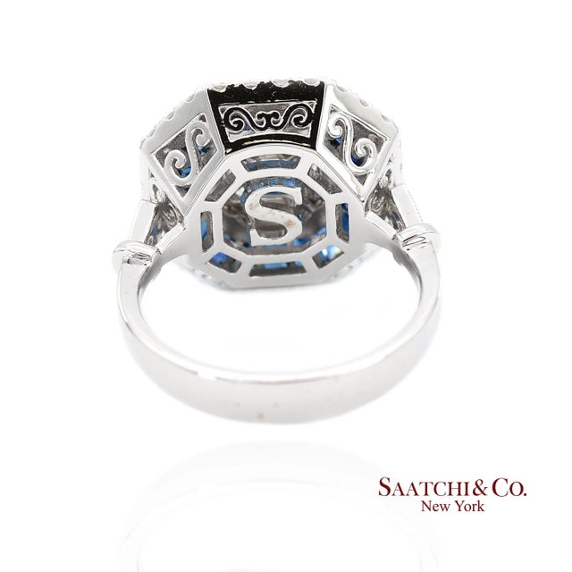 Early 21st Century 18k(750) White Gold Royal Blue Sapphire and Asscher Pie Cut Natural Diamond Ring, Size 6.5 For Sale - Image 5 of 11