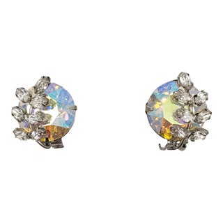 Vintage 1950s Signed Hattie Carnegie Aurora Borealis & Clear Rhinestone Clip Earrings - 2 Pieces For Sale