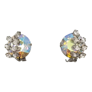 Vintage 1950s Signed Hattie Carnegie Aurora Borealis & Clear Rhinestone Clip Earrings - 2 Pieces