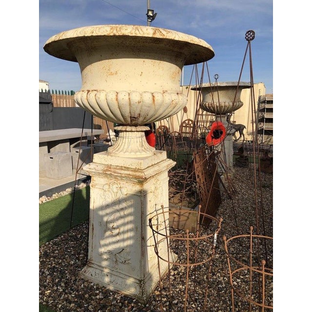 Antique Classical Cast Iron Garden Urns on Pedestals, Set of 2 For Sale - Image 12 of 18
