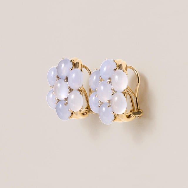 Modern Vintage 14k Gold Moonstone Cabochon Cluster Earrings, A Pair For Sale - Image 3 of 6