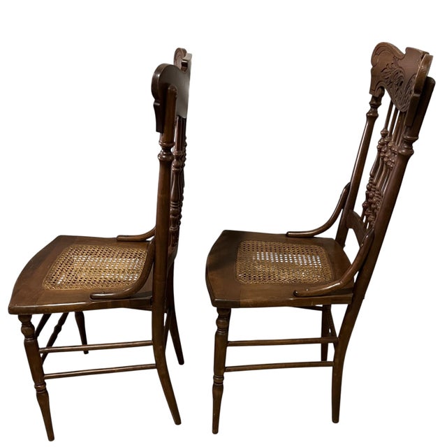 1900 - 1909 A Pair of Antique Oak Press Back Side Chairs With Cane Seats For Sale - Image 5 of 6