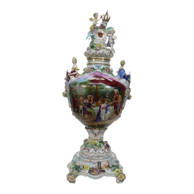 Meissen Louis XIV Style Figural & Floral Pictorial Porcelain Urn C1880 For Sale