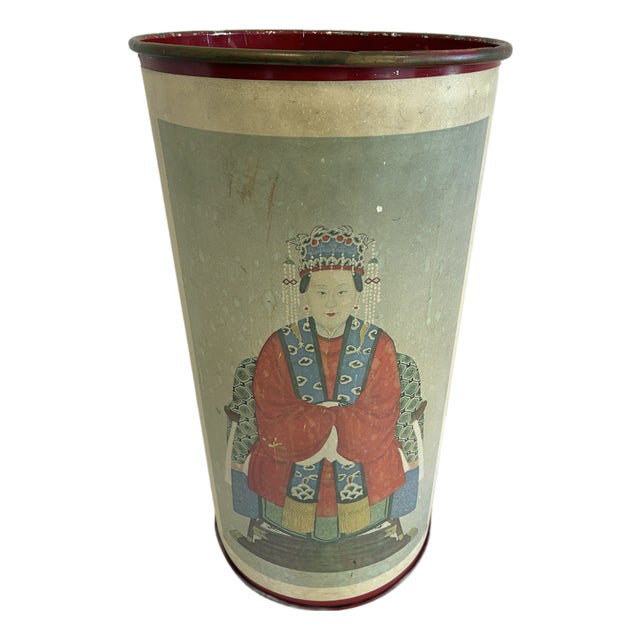 Vintage Chinoiserie Style Asian Paper Wrapped Umbrella Stand With Portrait Motif For Sale