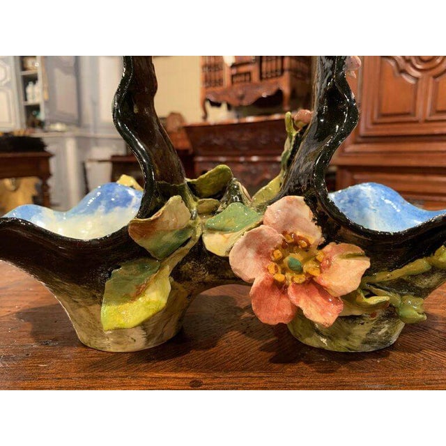 19th Century French Painted Ceramic Barbotine Basket From Montigny-Sur-Loing For Sale - Image 4 of 11