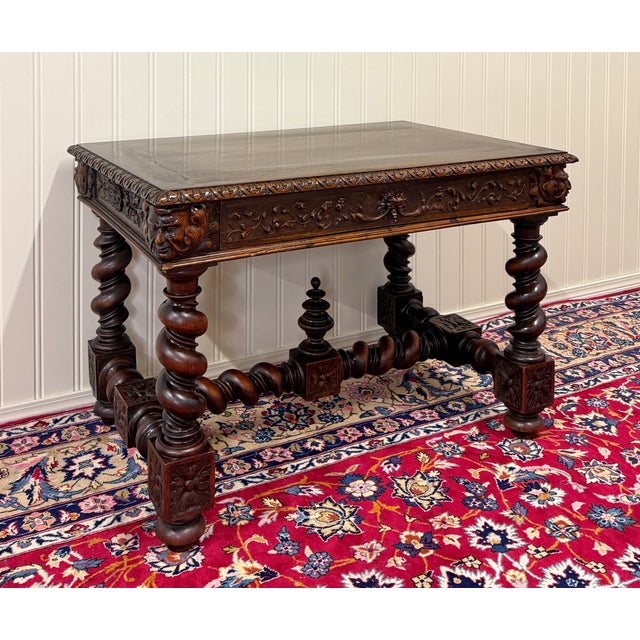 Antique French Henri II Style Writing Desk Barley Twist Carved Walnut 19th C For Sale - Image 11 of 18