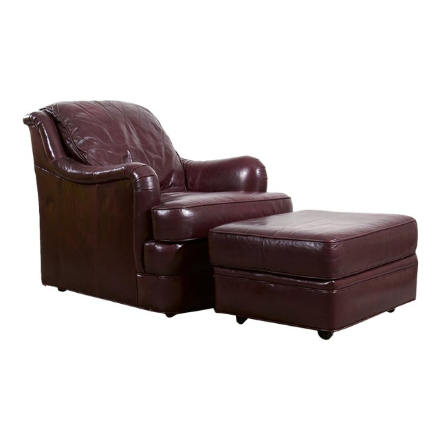 Whittemore-Sherrill Oxblood Leather Rolled Arm Club Chair & Ottoman, Made in Usa Late 20th Century For Sale
