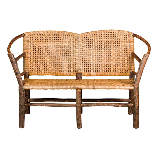 Vintage Old Hickory Hoop Settee with Woven Rattan Back and Seat For Sale