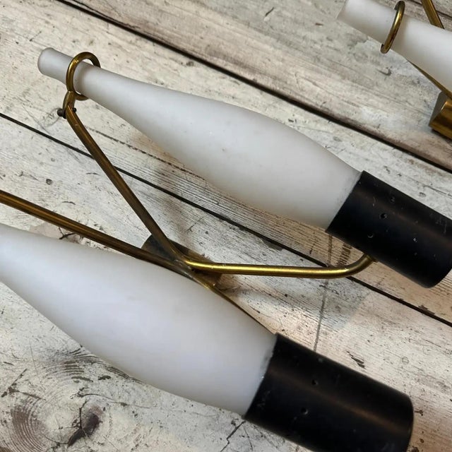 Two 1950s Stilnovo Style Mid-Century Modern Brass and Glass Wall Sconces For Sale - Image 12 of 12
