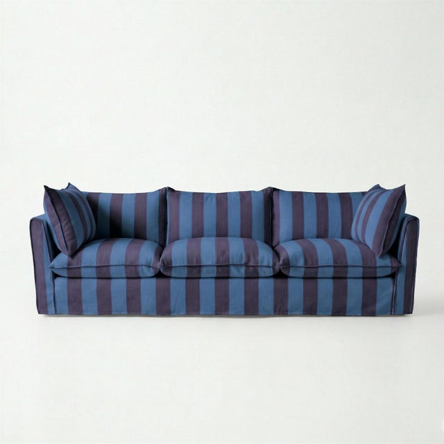 Sophie Conran Coco 4 Seater Sofa - Coastal Blue & Navy Blue Wide Stripes with Knife Edge Cushion For Sale - Image 4 of 4